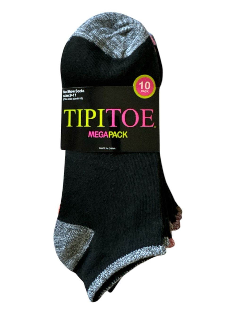 Tipitoe Womens Black No Show Socks 10 Pack Heather Toe Heel Size 9-11 Shoe 6-10